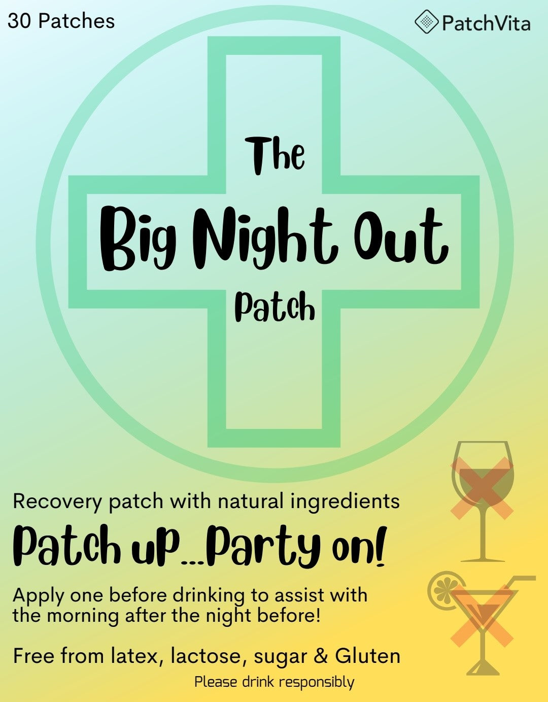 The Big Night Out Patch - 30 Topical Patches - To assist with the morning after the night before!! - BLACK FRIDAY NOW ON - BUY ONE GET ONE FREE!!!